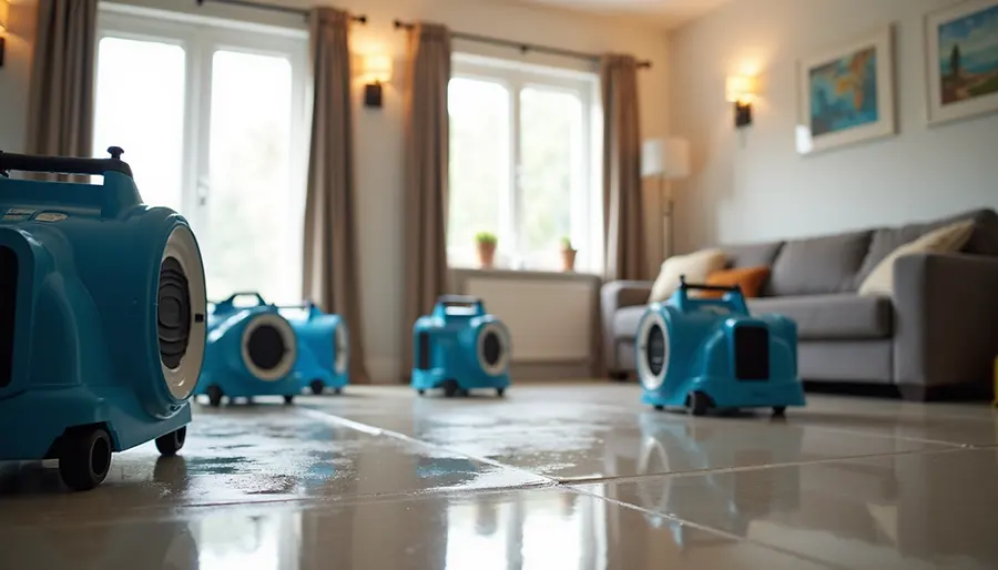 Air movers drying a water damaged Forney, TX living room after a leak